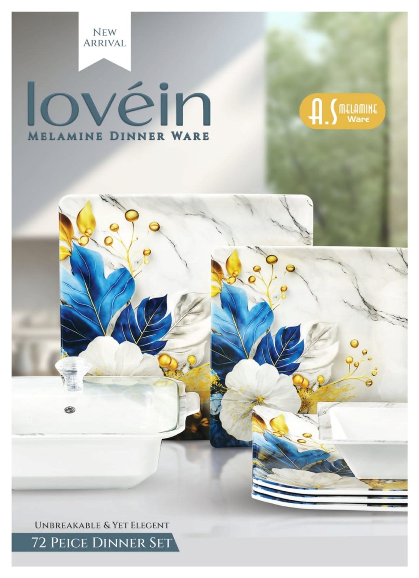 Lovein 72-Piece Melamine Dinnerware Set – Blue & Gold Floral Design