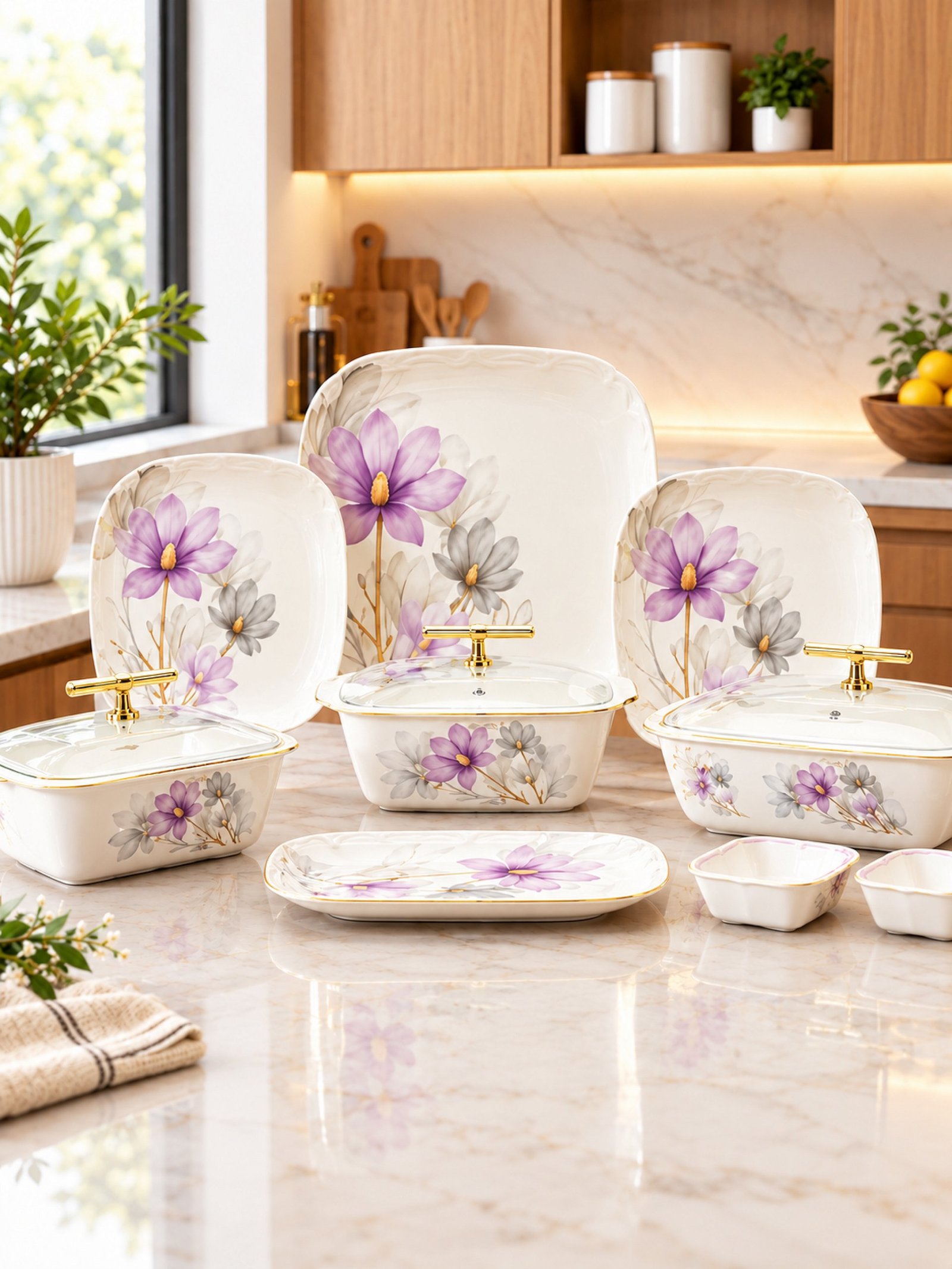 Kitchen Craft Double Glazed Melamine Dinner Set – 8 Serves | Floral Design