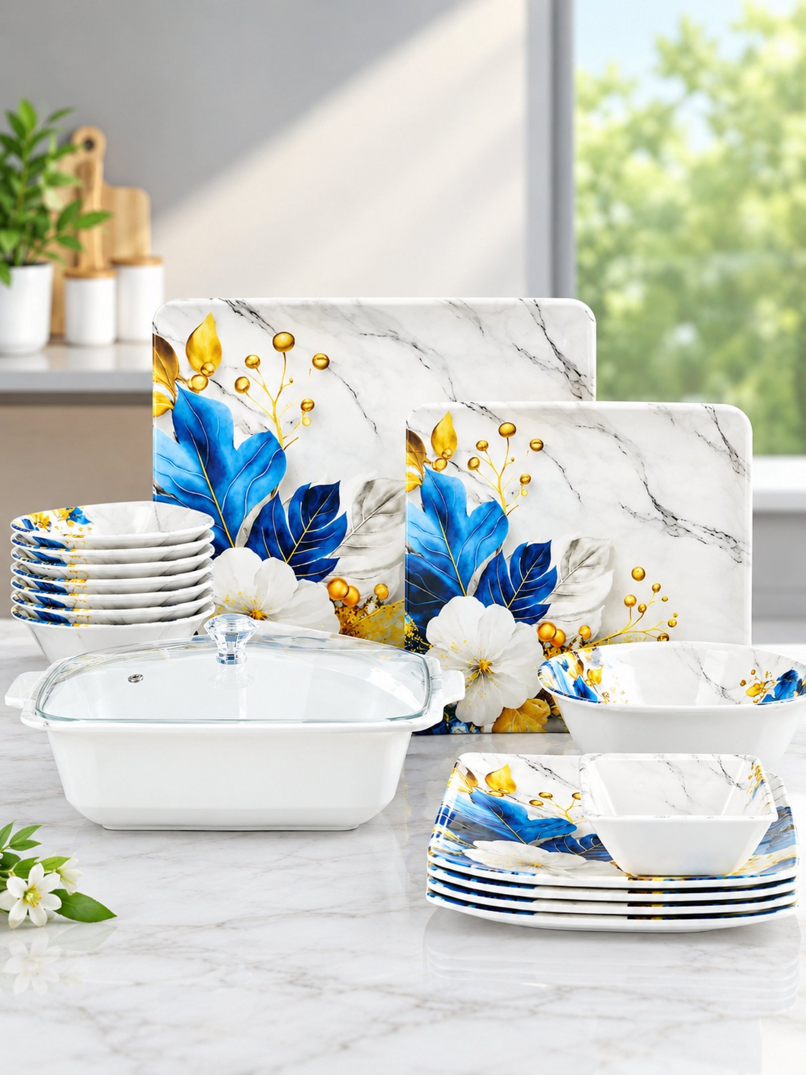 Lovein 72-Piece Melamine Dinnerware Set – Blue & Gold Floral Design